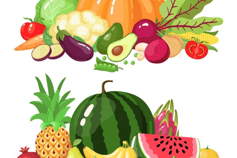 Vegetables and fruits. Cartoon vegetarian food, watermelon, pumpkin and apple vitamin fresh veggies and fruits vector illustration icons set
