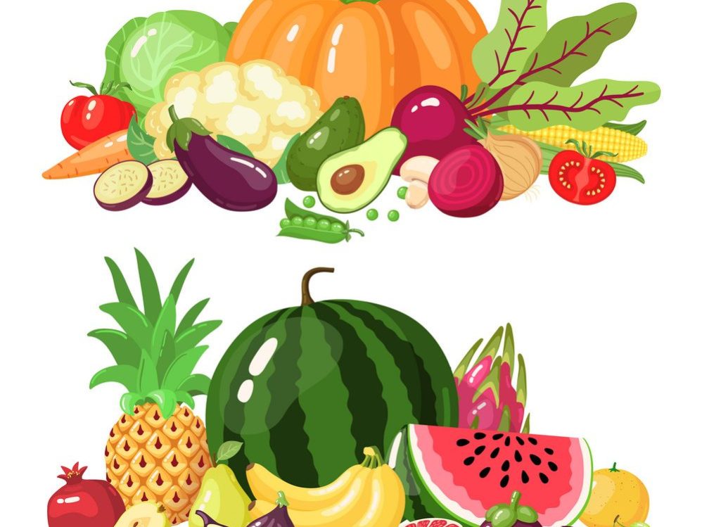 Vegetables and fruits. Cartoon vegetarian food, watermelon, pumpkin and apple vitamin fresh veggies and fruits vector illustration icons set